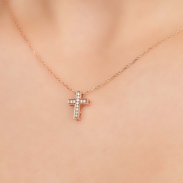 Short Gemstone Cross Pendant Rose Gold