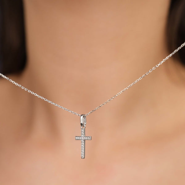Long Gemstone Cross Pendant Silver