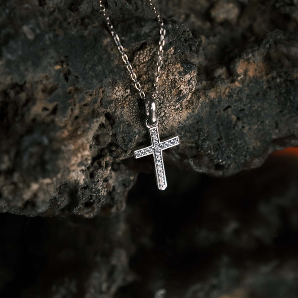 Long Gemstone Cross Pendant Silver