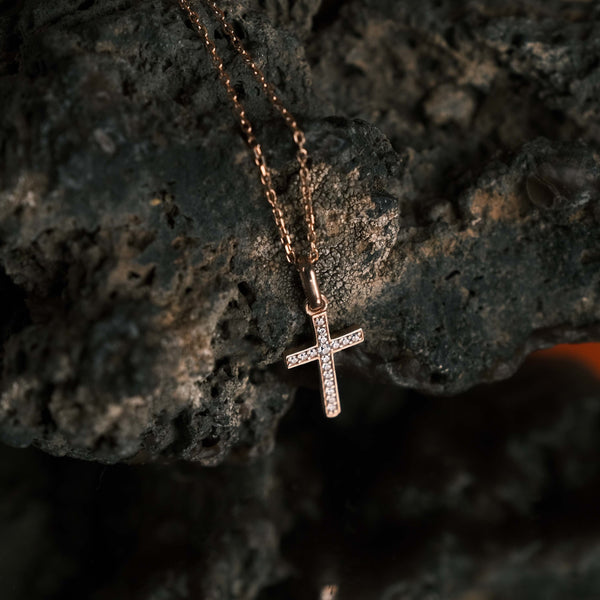 Long Gemstone Cross Pendant Rose Gold