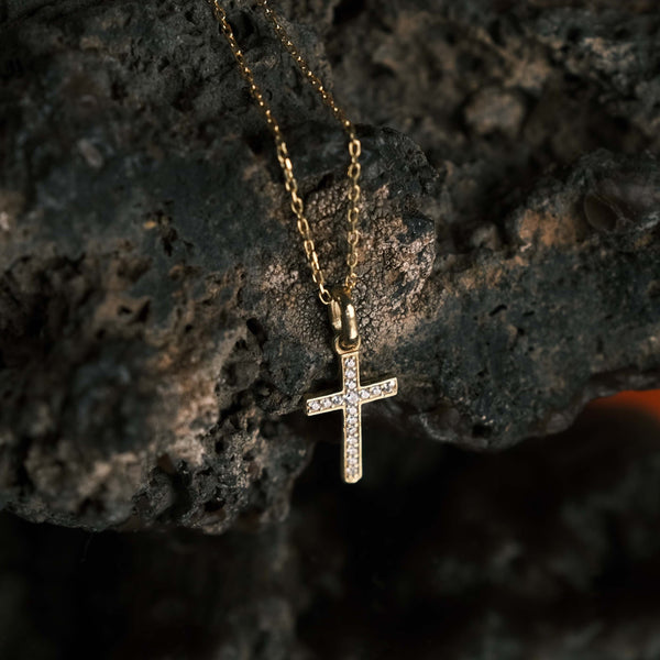 Long Gemstone Cross Pendant Gold